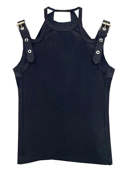 DEAT Fashion Women's Tops Round Neck Hollow Out Khaki Sleeveless Suspender Tank Tops Summer 2024 New Trendy 17A5505H