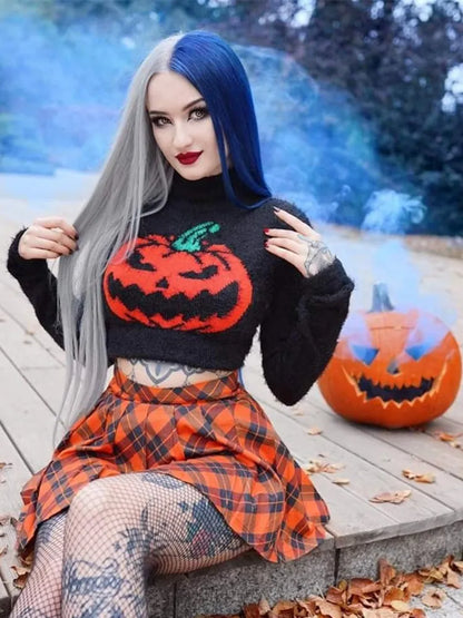 Yangelo Gothic Black Pumpkin Print Women's Sweater Turtleneck Pullover Crop Long Sleeves Halloween Grunge Girls Party Top