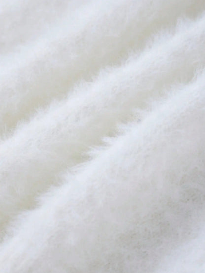 Autumn Elegant Women Fuzzy Knit Long Cardigan Fashion Casual All White Simple Coat 2025 Holiday Work Female Knitwear Overcoat