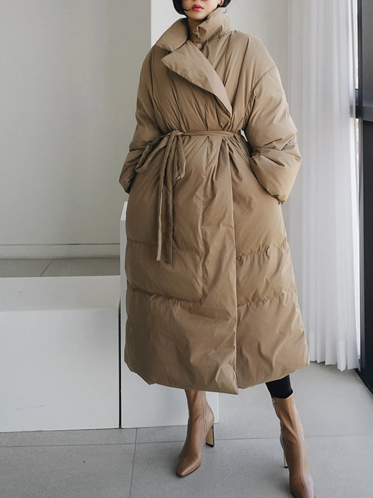 Winter New Stand Collar Long Down Jackets Loose Belt Long Sleeve Warm Coat Fashion Solid Cotton Padded Warm Down Overcoat Women