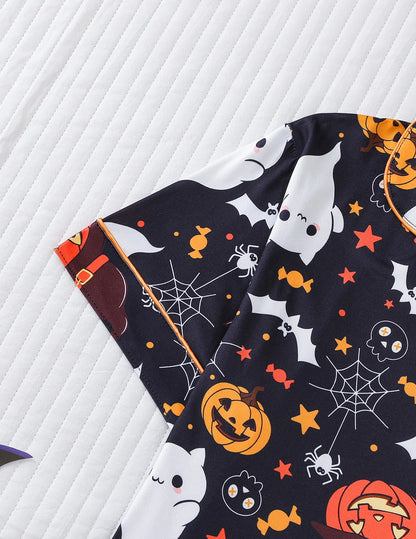 Women Halloween Pumpkin Bat Print Pajama Set,Breathable Lapel Loungewear Short-Sleeved Roll-Neck Shirt and Loose Shorts S-XXL