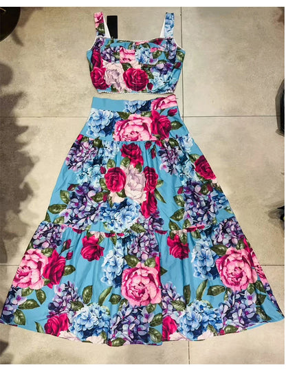 Elegant flower print sexy short tube top suspender top high waist big swing A-shaped skirt summer new two-piece women's suit