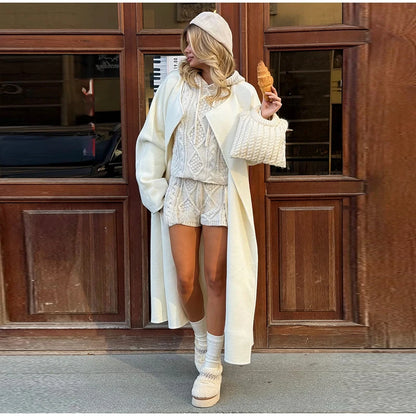 White Cable Knit Argyle Hooded Co-ord Set Long Sleeve Sweater Bodycon Shorts 2025 Cozy Retro Women Sets Daiy Casual Lady Outfit