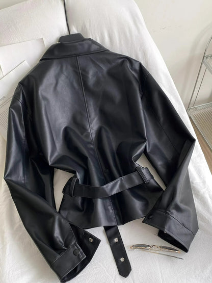 Fashion Tied Waist Long Sleeved Jacket for Women Autumn 2025 Casual Pocket Leather Jackets