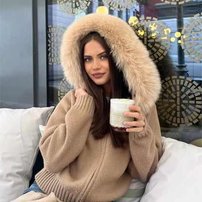 OFTBUY Real Fox Fur Kintwear Women 2025 New Spring Autumn Hooded Sweater Female Loose Zipper Kintted Jacket Oversized Cardigan