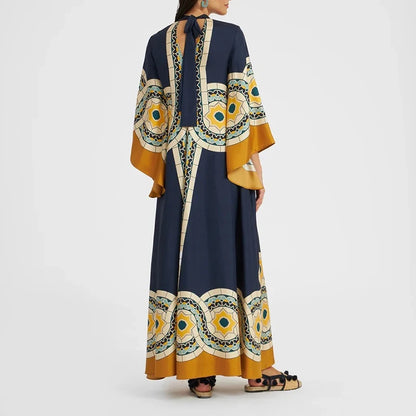 Ethnic Retro Spring Print Boho Long Dress Women Sexy Stand Collar Lace-up Party Dress Fall Long Sleeve Loose Ladies Maxi Dresses