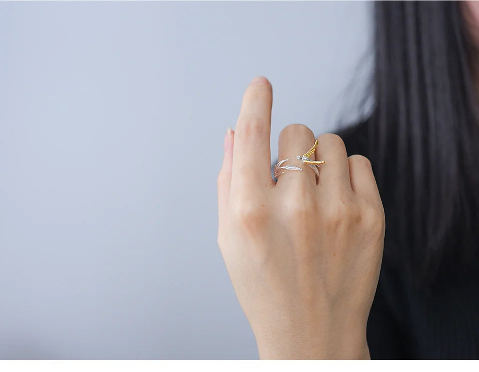 Lotus Fun 18K Gold Swallow Willow Branch Unusual Asymmetrical Rings for Women Real 925 Sterling Silver Original Fine Jewelry