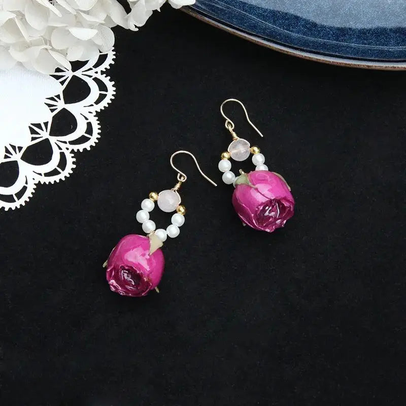 Unique Immortal Flower Earrings Elegant Natural Flower Pearl Drop Earrings Statement Jewelry Epoxy Resin Real Rose Earring 2024