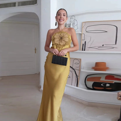 Elegant Party Women's Dress 3D Flower Halter Sleeveless Backless Mermaid Satin Female Dresses 2025 Summer Chic Evening Lady Robe