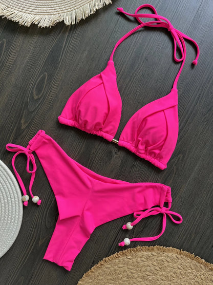 2025 New Sexy Triangle Bathing Suit for Women Brazilian Bikinis Halter Swimwear Push Up Swimsuit Metal Chain Beach Bikini Set