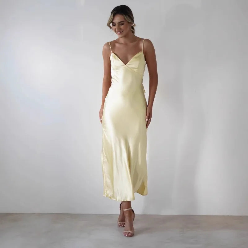 EtherealBe Sexy Satin Halter Dress in Olive Green