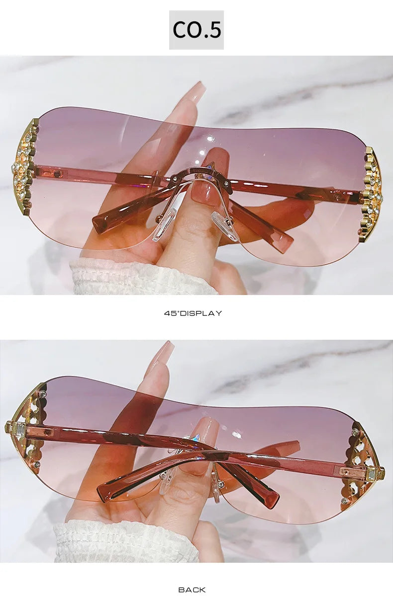 Luxury One-Piece Rimless Sunglasses Oversized Diamond Brand Designer Sun Glasses for Women Steampunk Eyewear UV400 Oculos De Sol