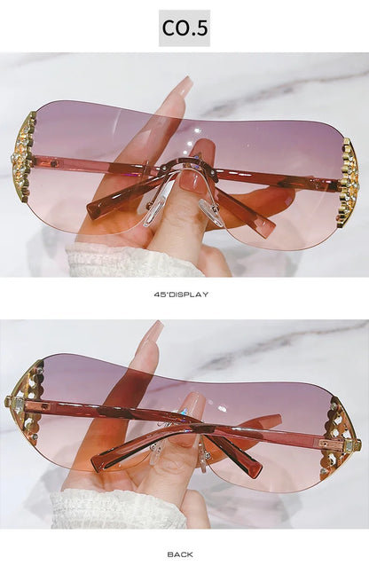 Luxury One-Piece Rimless Sunglasses Oversized Diamond Brand Designer Sun Glasses for Women Steampunk Eyewear UV400 Oculos De Sol