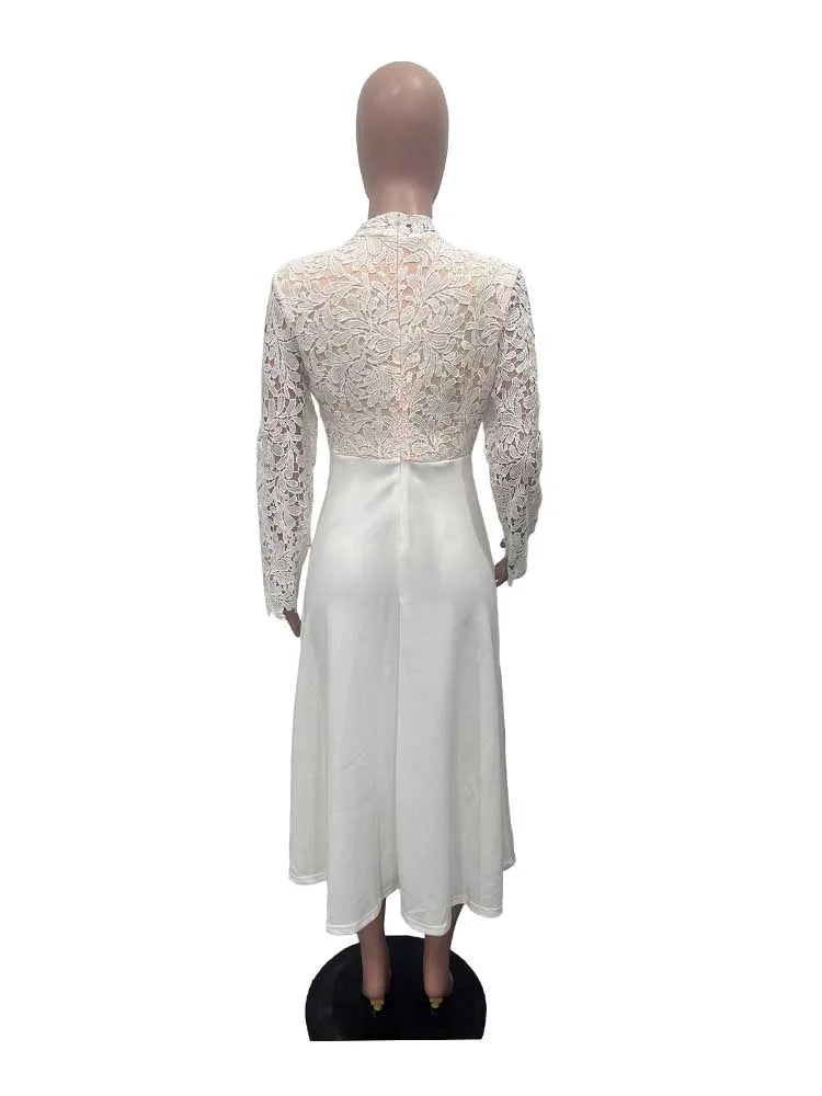 EtherealBe elegant lace party dress for women white midi dress with long lace back and sleeves on mannequin