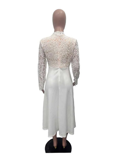 EtherealBe elegant lace party dress for women white midi dress with long lace back and sleeves on mannequin