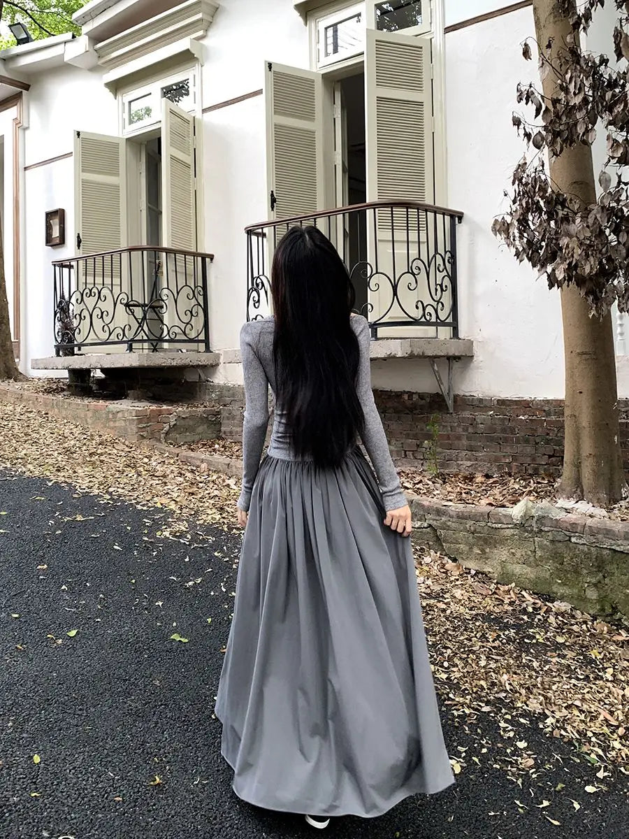 Autumn Skew Collar Halter Aura Dresses Solid Color Female Clothing Folds Stylish Irregular Basic Long Sleeve Spliced Long Dress