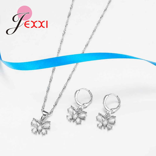 Exquisite Jewelry Sets Genuine 925 Sterling Silver Color Zircon Pendant Necklace Earrings for Women Crystal Bowknot Bijoux