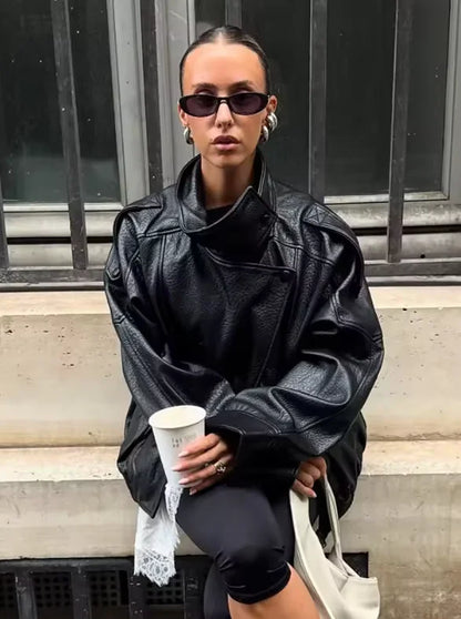 Women's Jacket Fall 2025 New Black Long Sleeve Pebble Faux Leather Jacket Motorcycle Style Personality Fashion