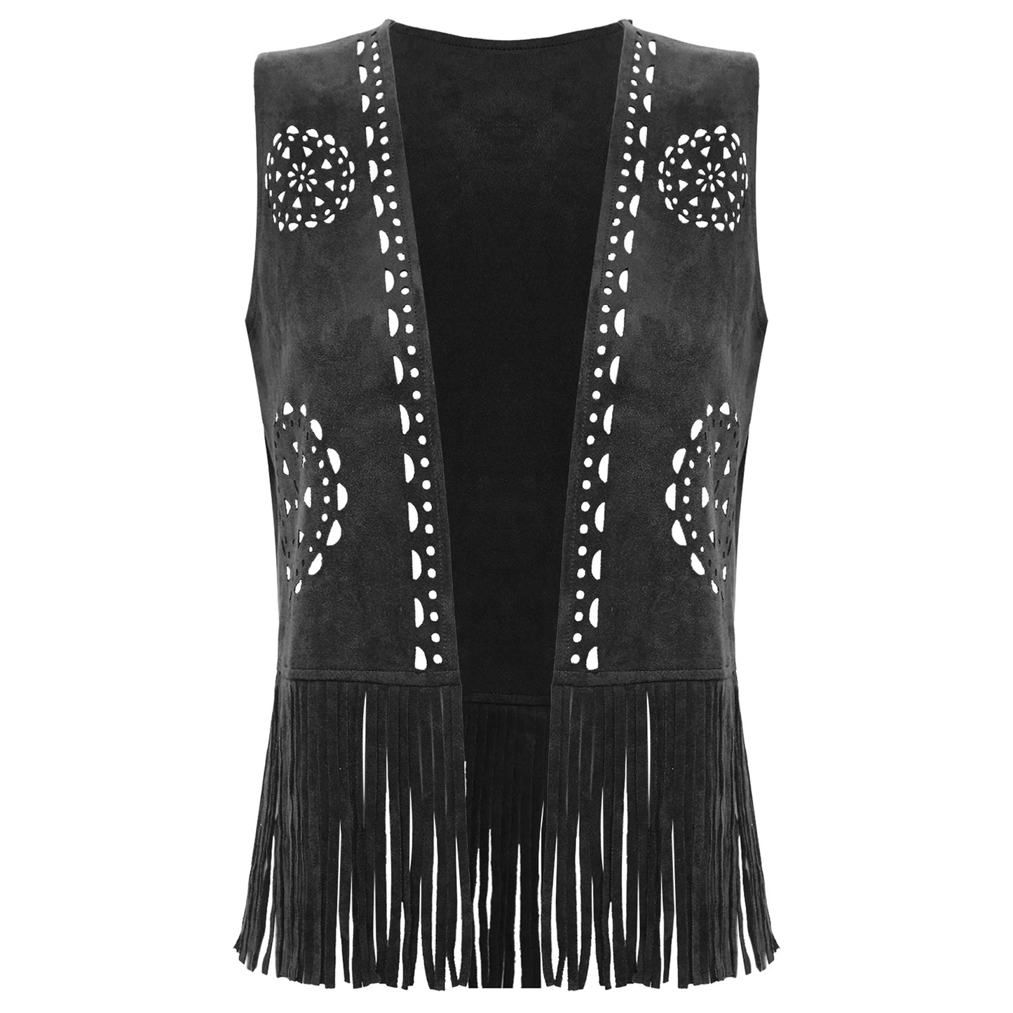 Womens Western Cowgirl Hippy Cosplay Costume Vintage Hollow Out Tassel Tank Tops Fringe Vest 70s Disco Faux Suede Waistcoat