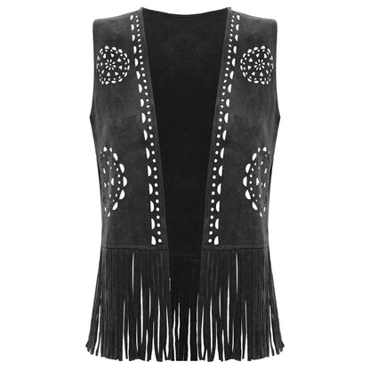 Womens Western Cowgirl Hippy Cosplay Costume Vintage Hollow Out Tassel Tank Tops Fringe Vest 70s Disco Faux Suede Waistcoat