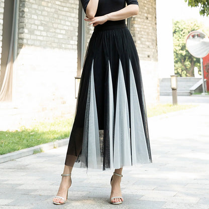 Women Color Block A-line Skirt Mid Length Drape Feeling High Waist Slim Mesh Skirts Carnival Festival Party Performance Costume