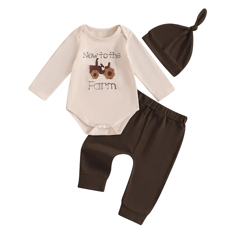 Adorable Toddler Boys Spring Ensemble with Cute Tractor Design Including Romper Pants and Hat - 3-Piece Set
