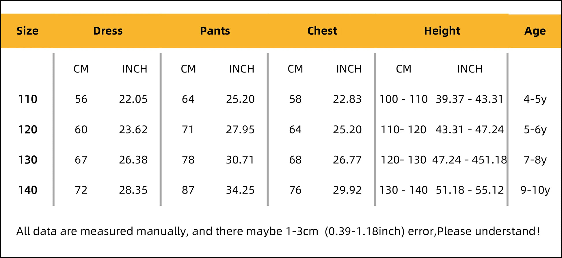 Girls jester clown costume size chart with measurements for dress, pants, chest, height, and age
