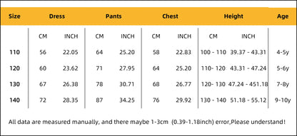 Girls jester clown costume size chart with measurements for dress, pants, chest, height, and age