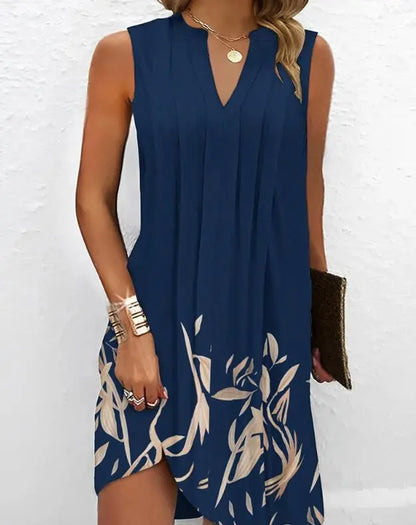 Women's Dresses 2023 Summer Fashion Plants Print Notch Neck Ruched Casual Sleeveless Daily Mini Straight Dress Woman Clothes