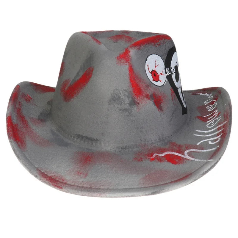 EtherealBe Halloween cowboy hat for adults featuring a gray design with skull print and red accents