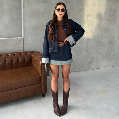 Denim Skirt Women Set Casual Long Sleeve Lapel Pocket Button Jacket Pleated Min Skirts 2025 Spring Summer Lady Suit