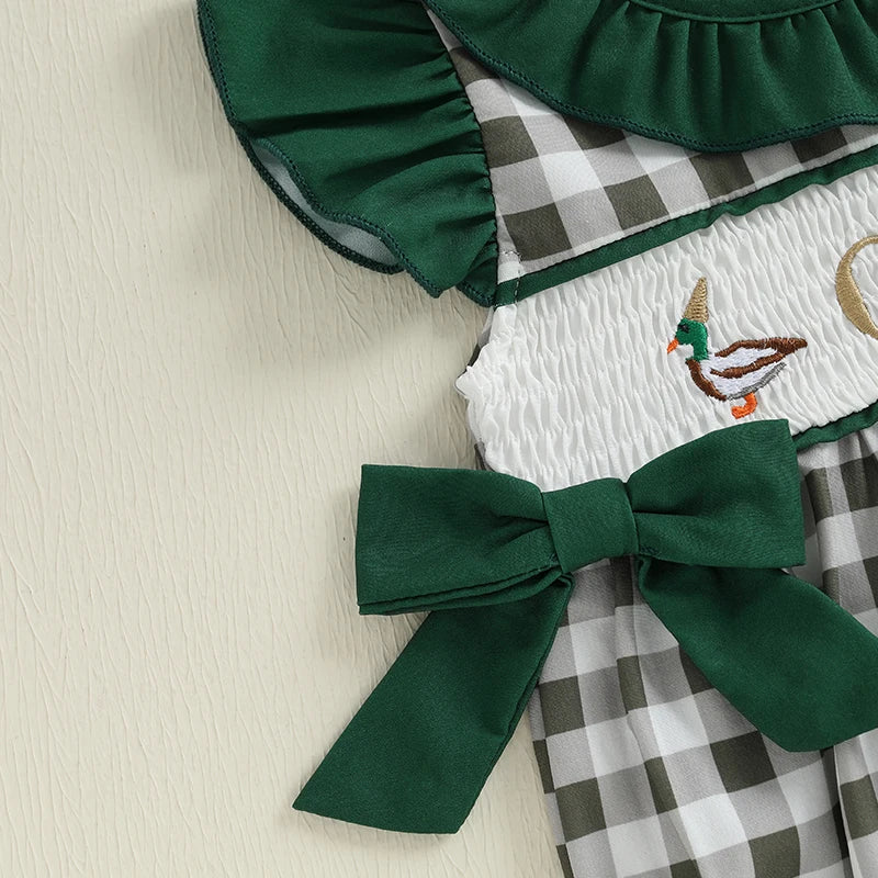EtherealBe plaid patchwork romper for infants with decorative smocking and bow detail