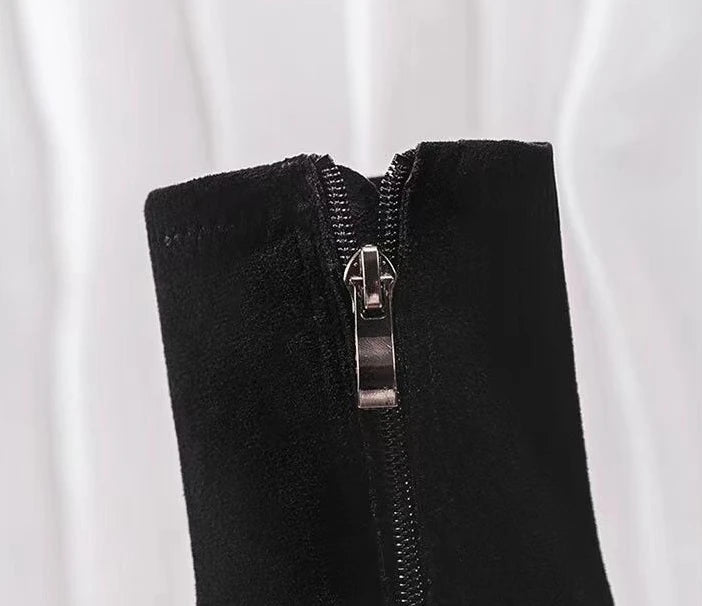 Mid Calf Round Toe Black Shoes For Women Ladies Boots Biker Footwear Studded Half High Gothic Hot Stylish And Low Price Pu