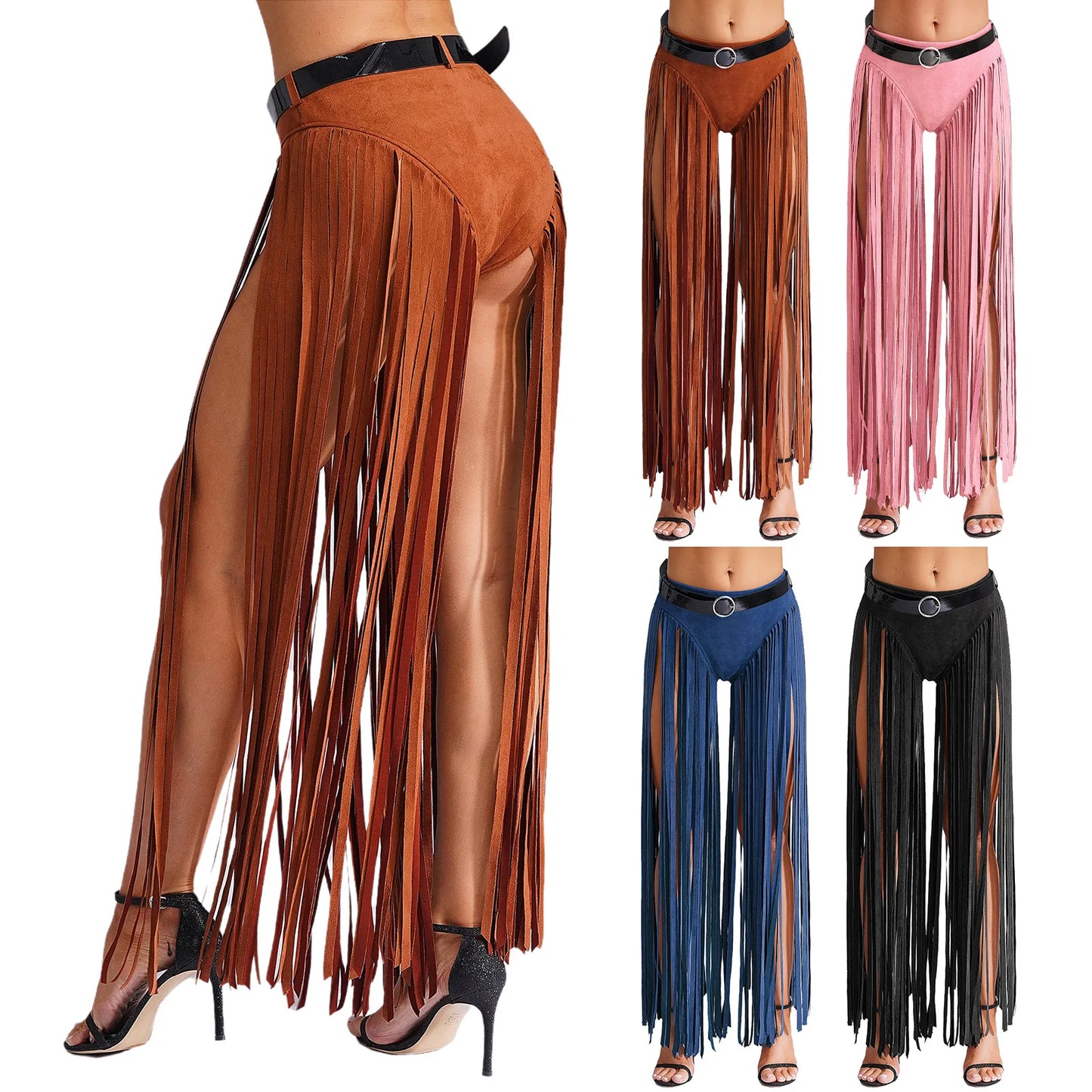 Womens Hippy Cosplay Costume High Waist Suede Underwear with Long Tassels And Belt Halloween Dress Up 70s Disco Costume
