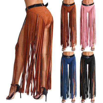 Womens Hippy Cosplay Costume High Waist Suede Underwear with Long Tassels And Belt Halloween Dress Up 70s Disco Costume