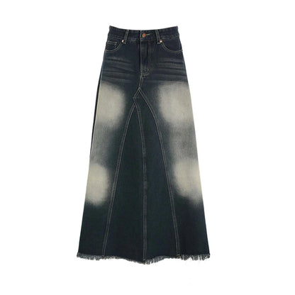 Vintage Denim Skirts For Women High Waisted Distressed Washable Blue A Line Dress High Street Style Fringe Hem Long Half Skirts