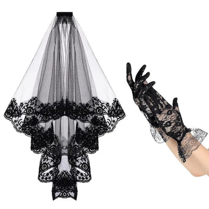 Elegant black lace veil and gloves set with intricate lace detailing for formal occasions