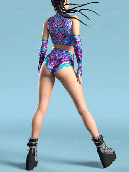 Adult Sleeveless Multicolor Role Play Bodysuit Swimsuit Women Sexy Hollow Off Shoulder Graffiti Art Bodycon Performance Costume