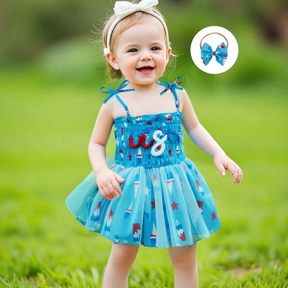 Infant Girls Patriotic Romper Dress with Sleeveless Design Embroidered Letters and Matching Headband for Independence Day