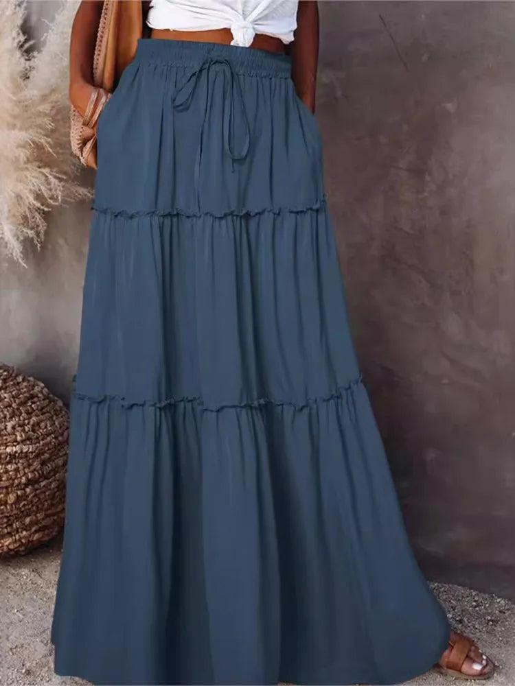 Women's Spring  Autumn New Long Skirt Solid Color Fashionable Mushroom Layered Skirt High Waist Elastic Ruffle Skirt