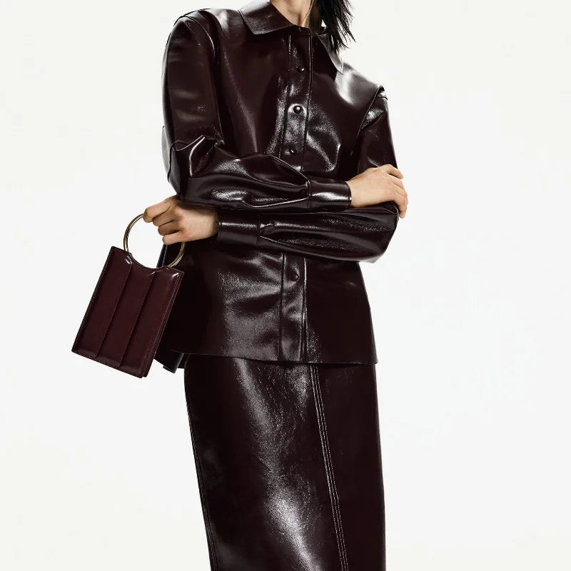 Vintage Women Leather Sets Lapel Single Breasted Jacket Slim Fit Mini Skirt Retro Fashin Female Suit 2024 Lady Jacket Skirt Sets