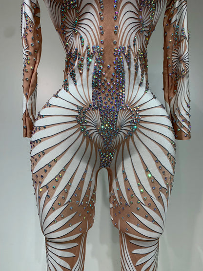 STOCK Sparkly Diamond Women Sexy Mesh Jumpsuit Nightclub Bar Party Show Gogo Dancer Clothing Drag Queen Outfit Stage Costume