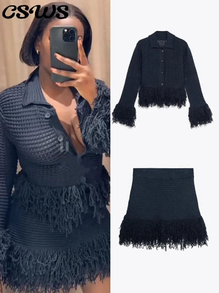 Sexy Knitted Tassel Top Skirt Women Set Dark Blue Long Sleeve Lapel Button Tops Pleated Mini Skirts 2025 Fashion Solid Lady Suit
