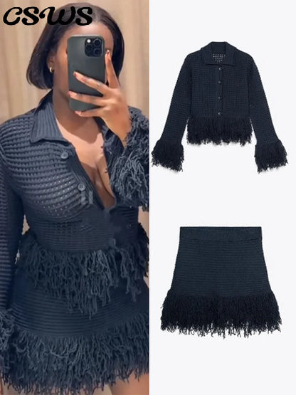 Sexy Knitted Tassel Top Skirt Women Set Dark Blue Long Sleeve Lapel Button Tops Pleated Mini Skirts 2025 Fashion Solid Lady Suit