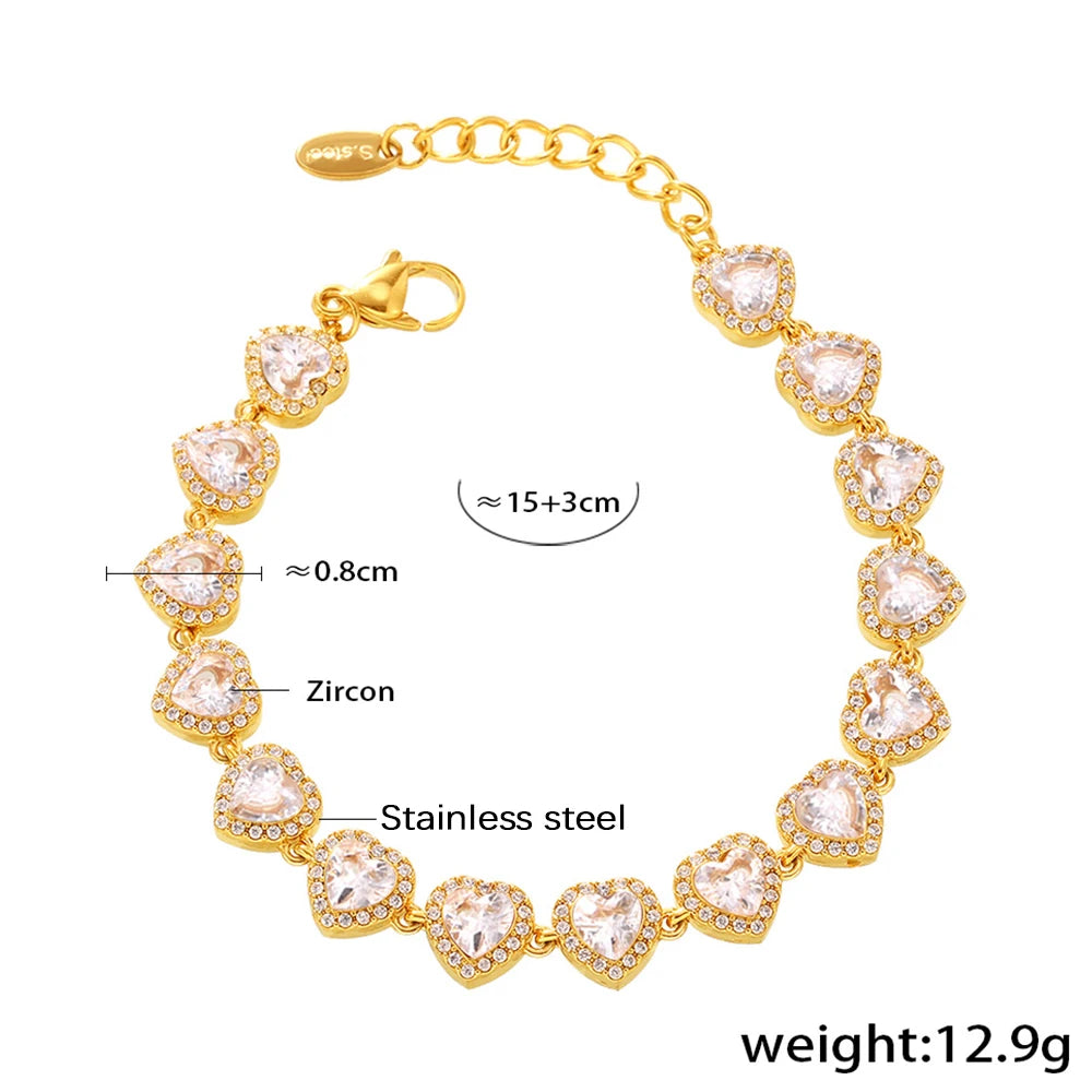 Stainless Steel Bracelets With Heart Round Zircon For Women 18K Gold Plated Waterproof Inoxidable No Tarnish Women's Bracelet