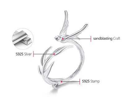 Lotus Fun 18K Gold Swallow Willow Branch Unusual Asymmetrical Rings for Women Real 925 Sterling Silver Original Fine Jewelry