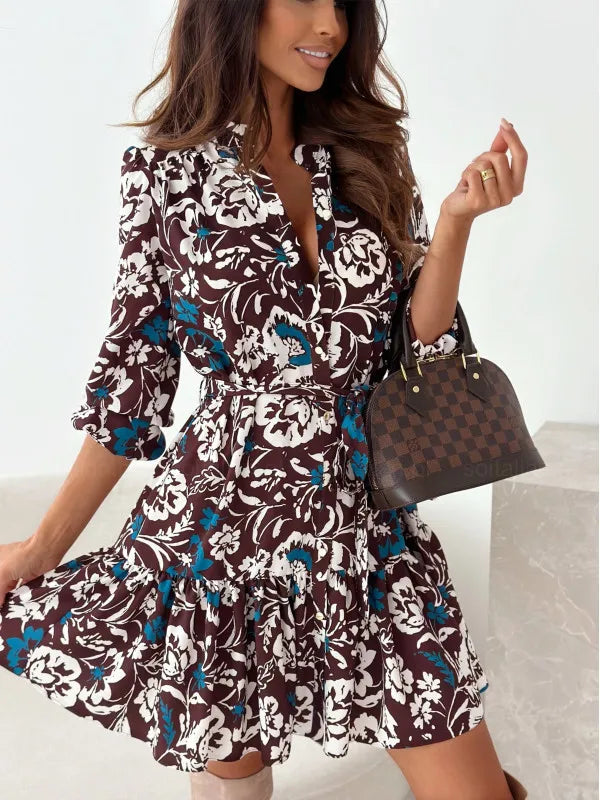 Autumn Long Sleeved Elegant Women's Dress With Plant Floral Print Lantern Sleeves Half Open Collar And Waist Cinching Midi Dress