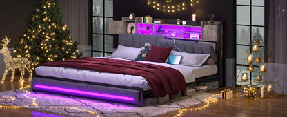 Queen Bed Frame with Storage Bookcase Headboard & LED Lights,Upholstered Bed Frame with USBCharging Station,No Box Spring Needed