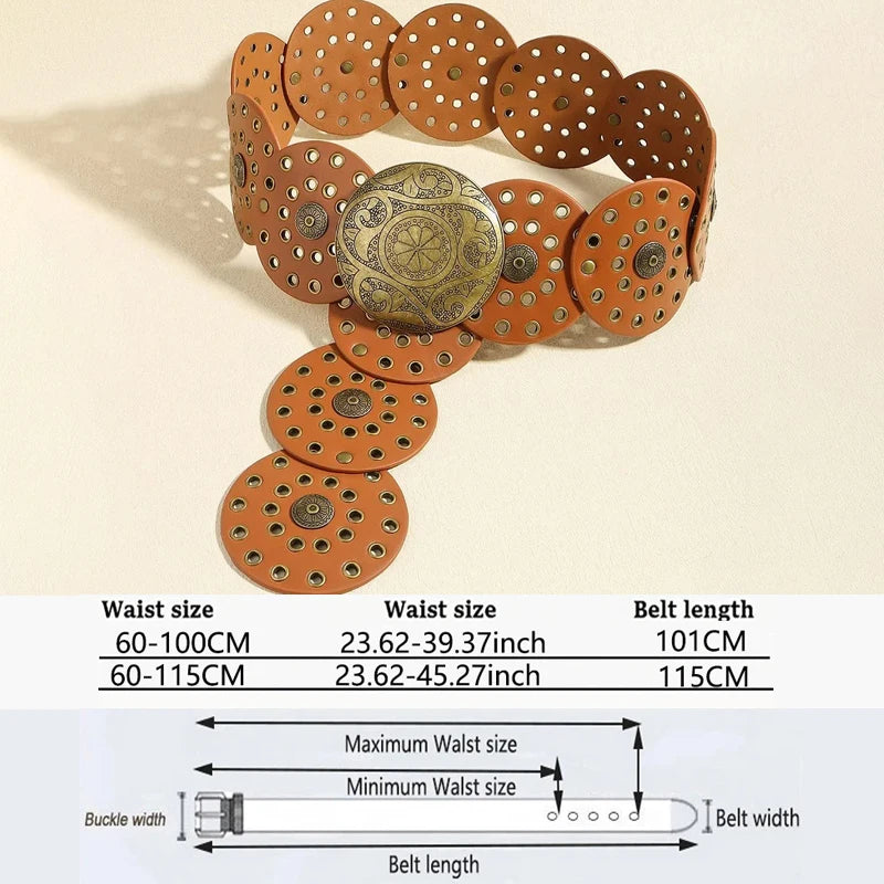 Women's Western Denim Belt High Quality Metal Hollow Ladies Trend Wide Waistband Vintage Personalized Round Belts DT148