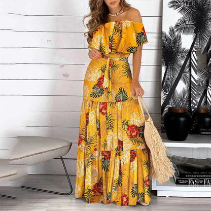 2021 New Fashion Leopard Robe Print Long Dress Ruffle Maxi Sundress Bohemian Women Summer Sexy Casual Elegant Strapless Vestidos